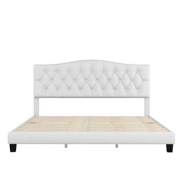 Black Beige White and Antiqued White Wood And Tufted Fabric King Bed Frame