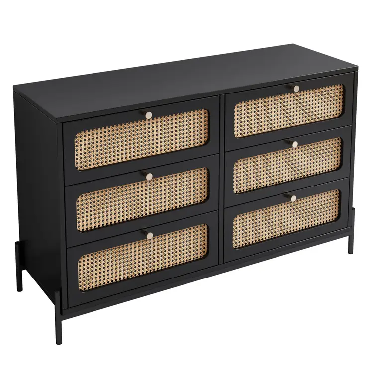 47" Black Wood Six Drawer Double Dresser