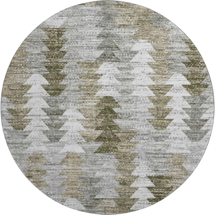 8' Brown Ivory And Gray Geometric Washable Round Rug With UV Protection