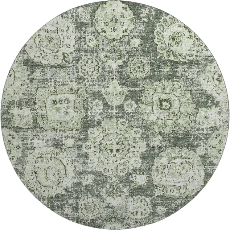 8' Artichoke Green Ivory And Gray Floral Washable Round Rug With UV Protection