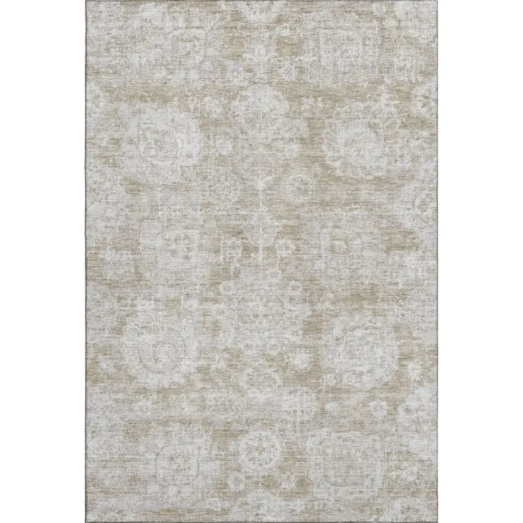 9' X 12' Beige And Ivory Floral Washable Area Rug With UV Protection