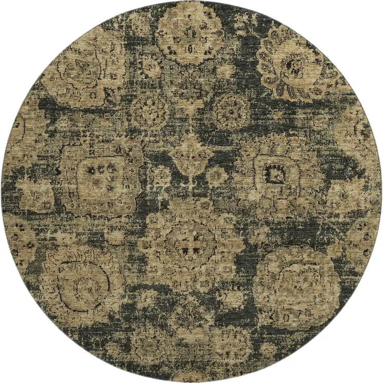 8' Charcoal And Brown Floral Washable Round Rug With UV Protection