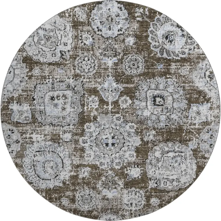 8' Chocolate And Ivory Floral Washable Round Rug With UV Protection