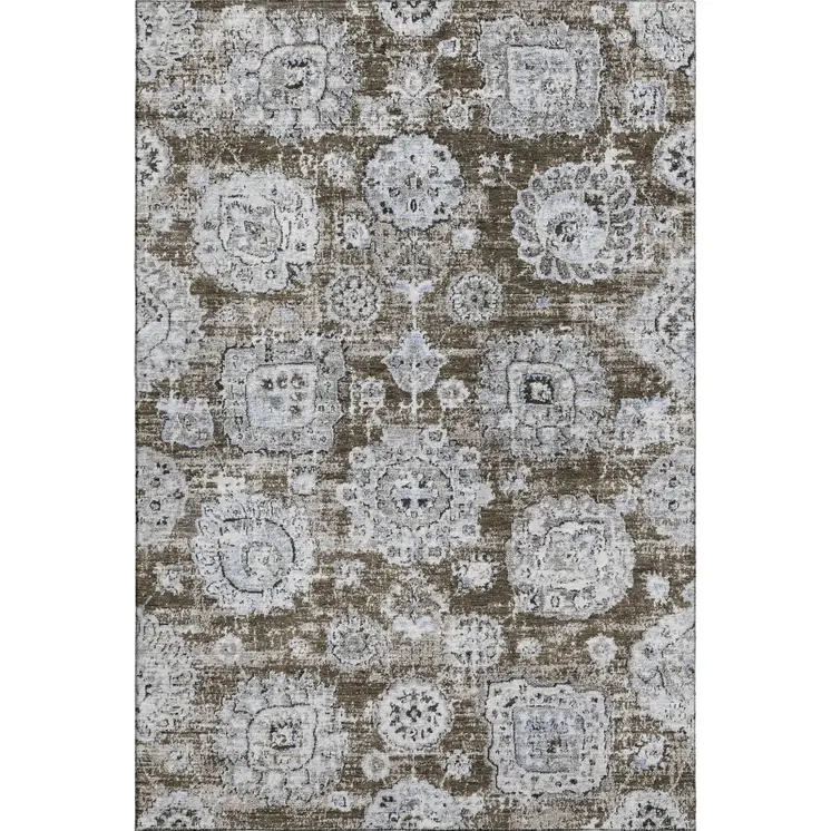 8' X 10' Chocolate And Ivory Floral Washable Area Rug With UV Protection