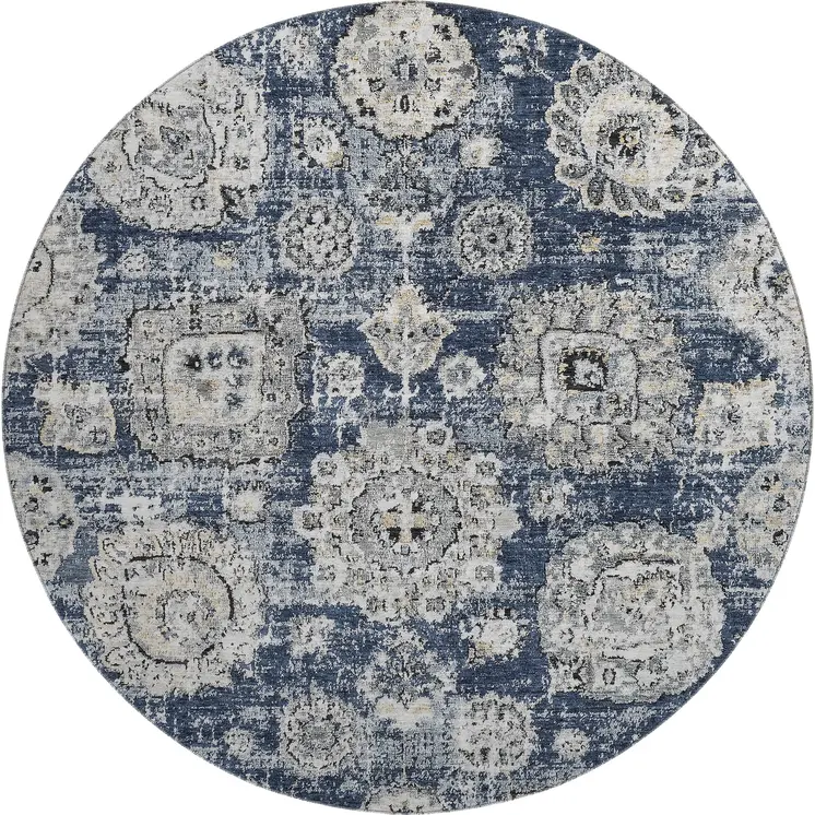 8' Navy Blue And Ivory Floral Washable Round Rug With UV Protection