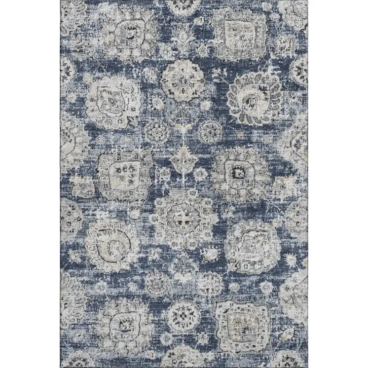 9' X 12' Navy Blue And Ivory Floral Washable Area Rug With UV Protection