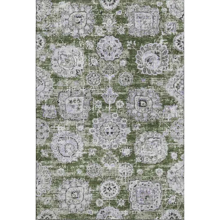 3' X 5' Olive Green Purple And Ivory Floral Washable Area Rug With UV Protection