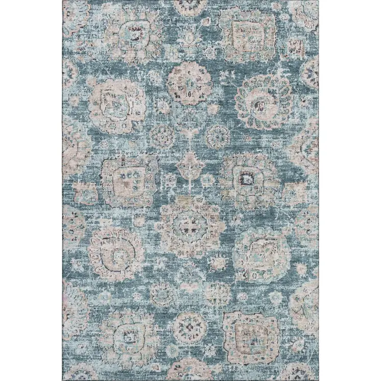 3' X 5' Teal And Beige Floral Washable Area Rug With UV Protection