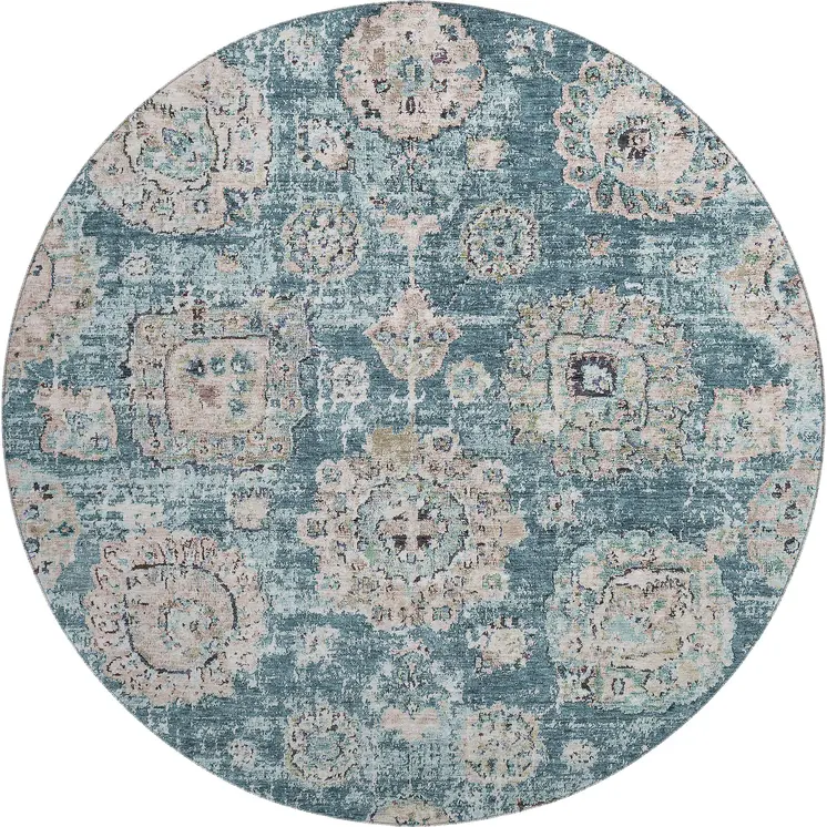 8' Teal And Beige Floral Washable Round Rug With UV Protection