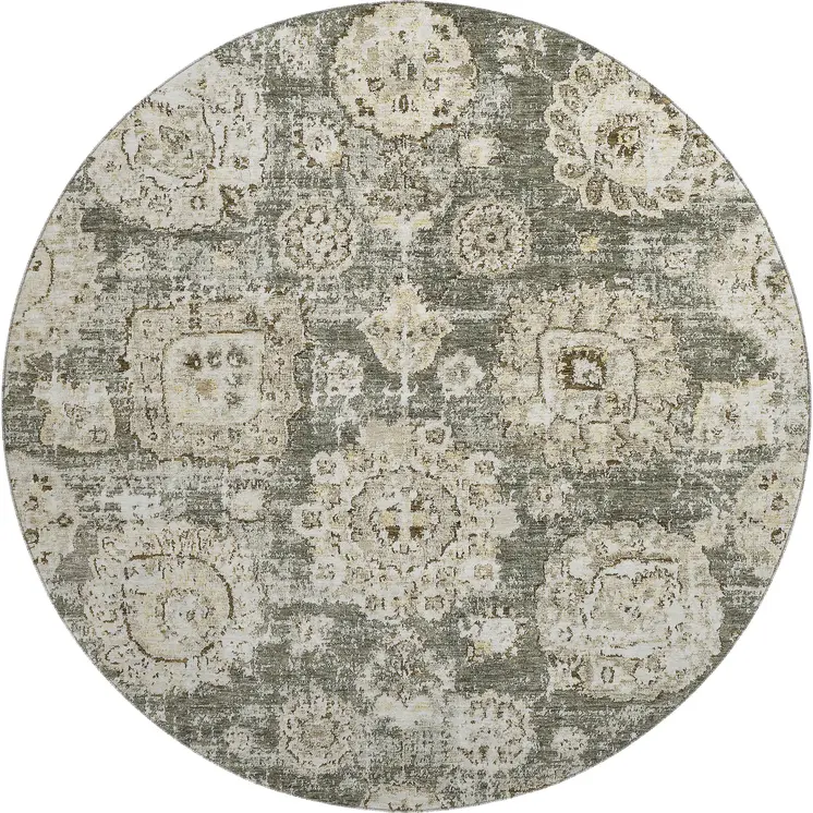 8' Taupe And Beige Floral Washable Round Rug With UV Protection