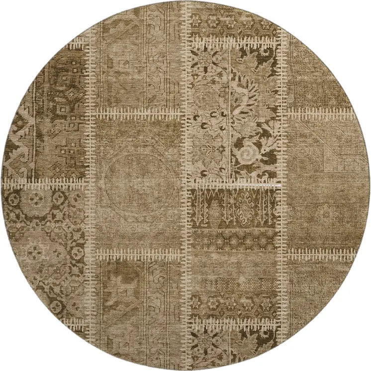 8' Brown And Beige Patchwork Washable Round Rug With UV Protection