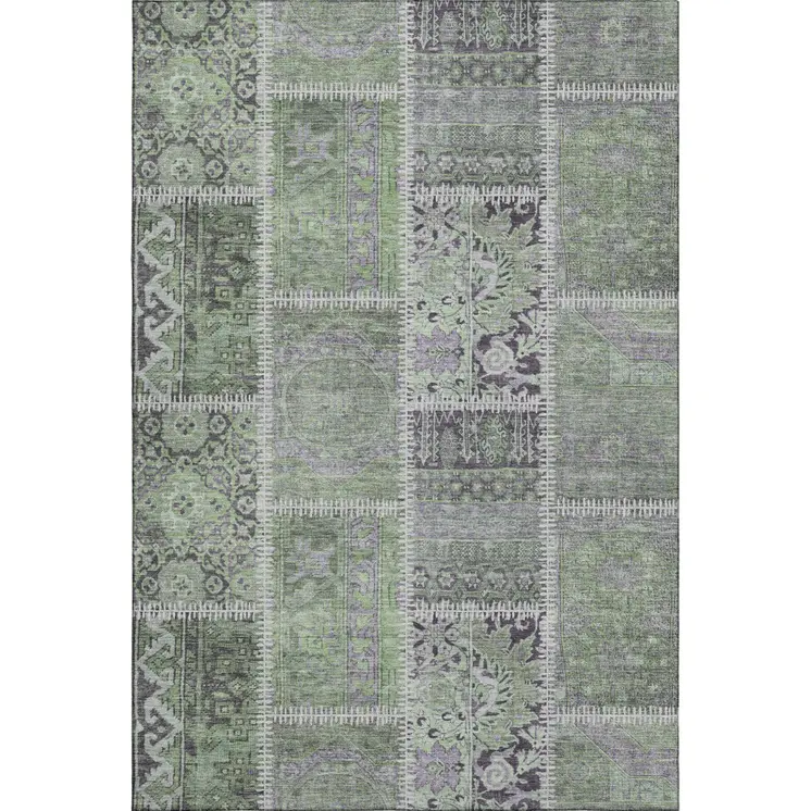 5' X 8' Green And Purple Patchwork Washable Area Rug With UV Protection
