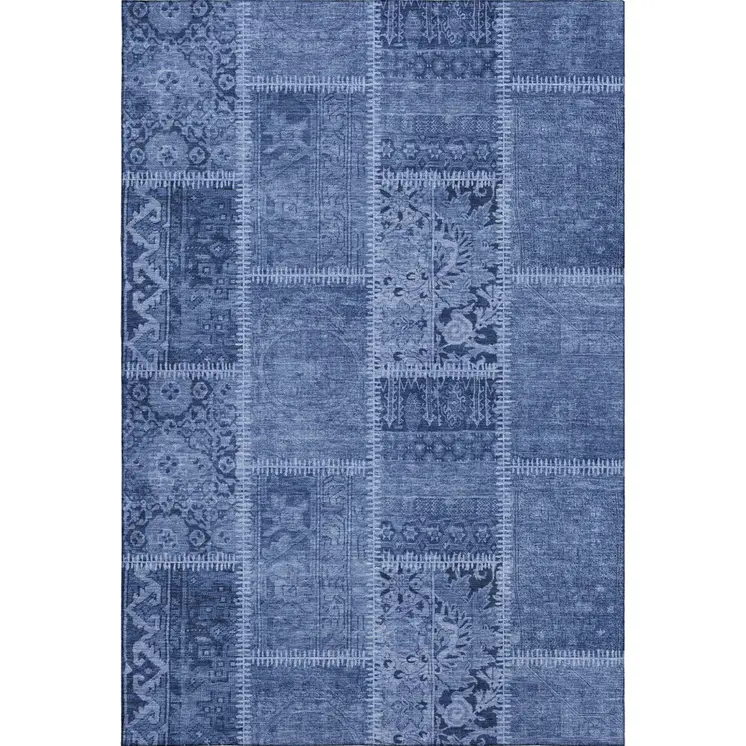 9' X 12' Navy Blue And Ivory Patchwork Washable Area Rug With UV Protection