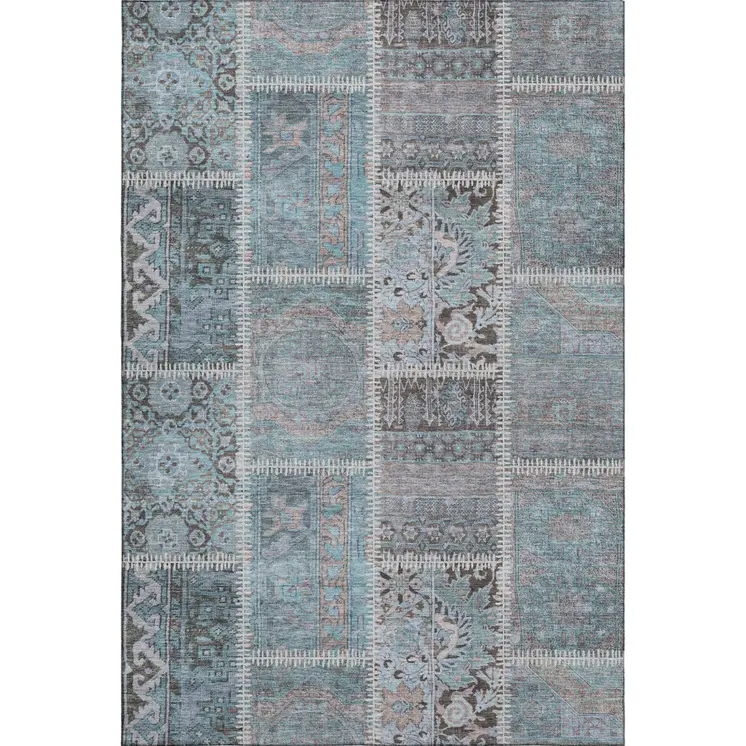3' X 5' Teal And Beige Patchwork Washable Area Rug With UV Protection