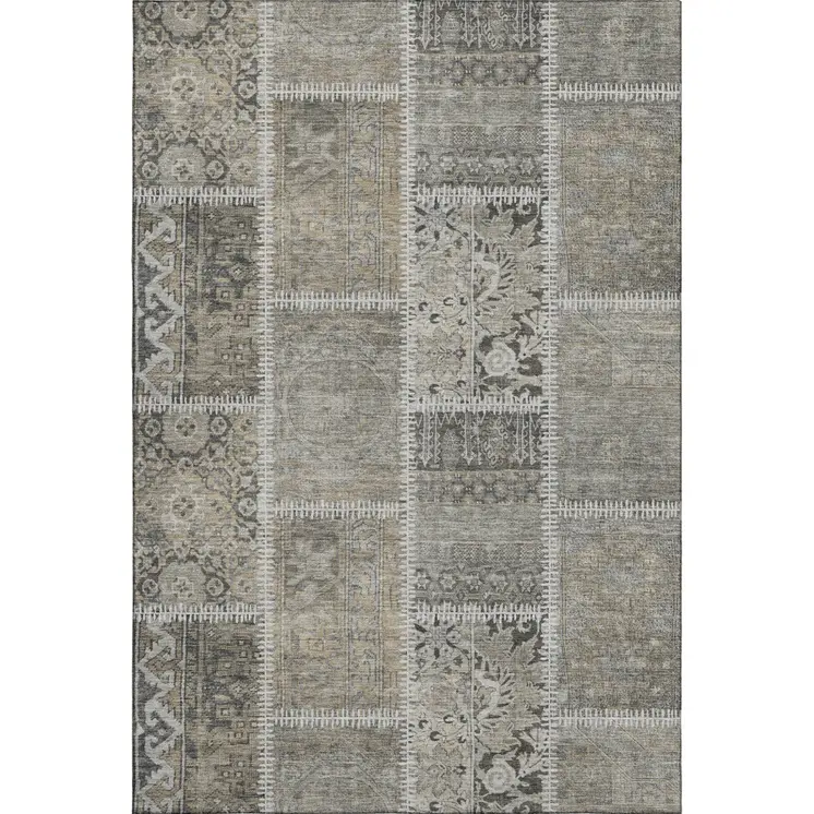 3' X 5' Taupe And Ivory Patchwork Washable Area Rug With UV Protection