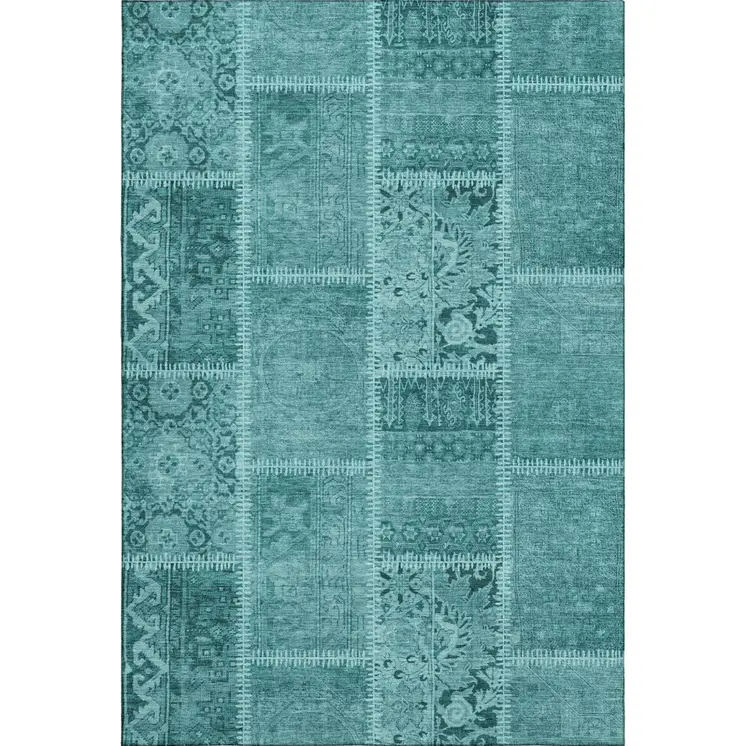 5' X 8' Turquoise And Aqua Patchwork Washable Area Rug With UV Protection