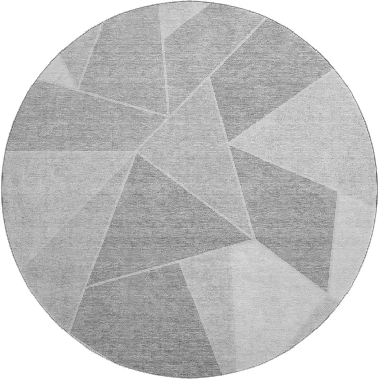 8' Gray And Silver Geometric Washable Round Rug With UV Protection