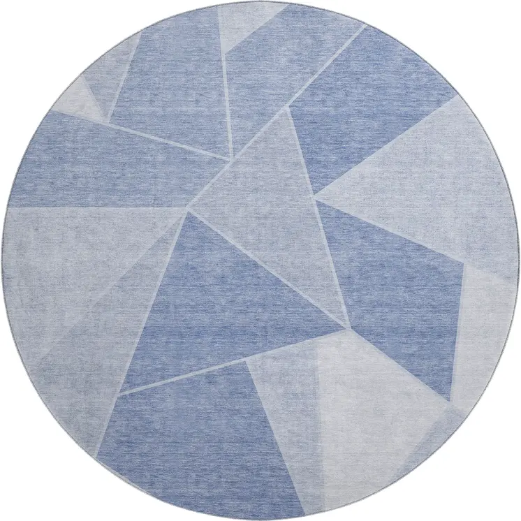 8' Sky Blue And Ivory Geometric Washable Round Rug With UV Protection
