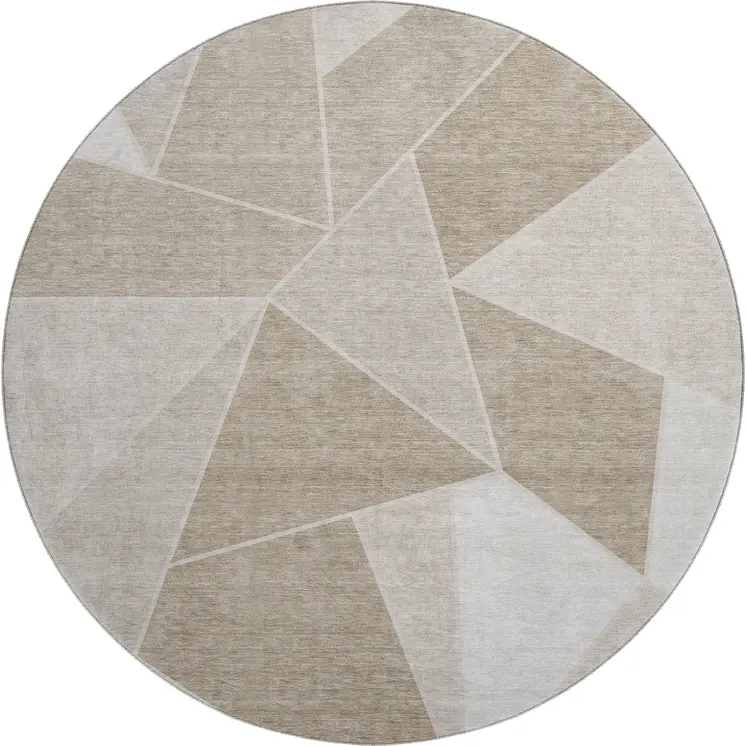 8' Taupe And Ivory Geometric Washable Round Rug With UV Protection