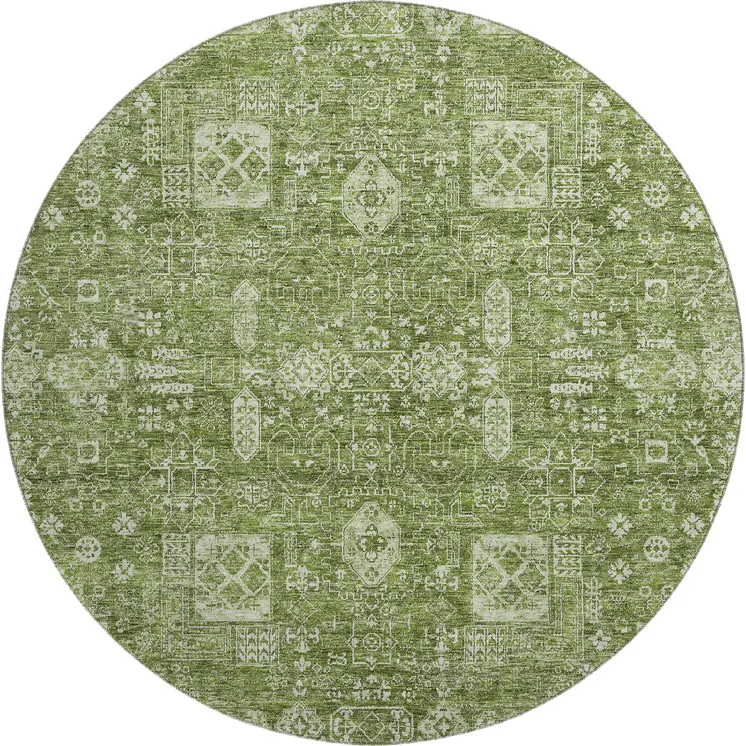 8' Artichoke Green And Ivory Floral Washable Round Rug With UV Protection