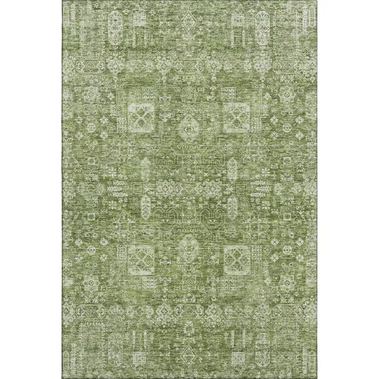 8' X 10' Artichoke Green And Ivory Floral Washable Area Rug With UV Protection
