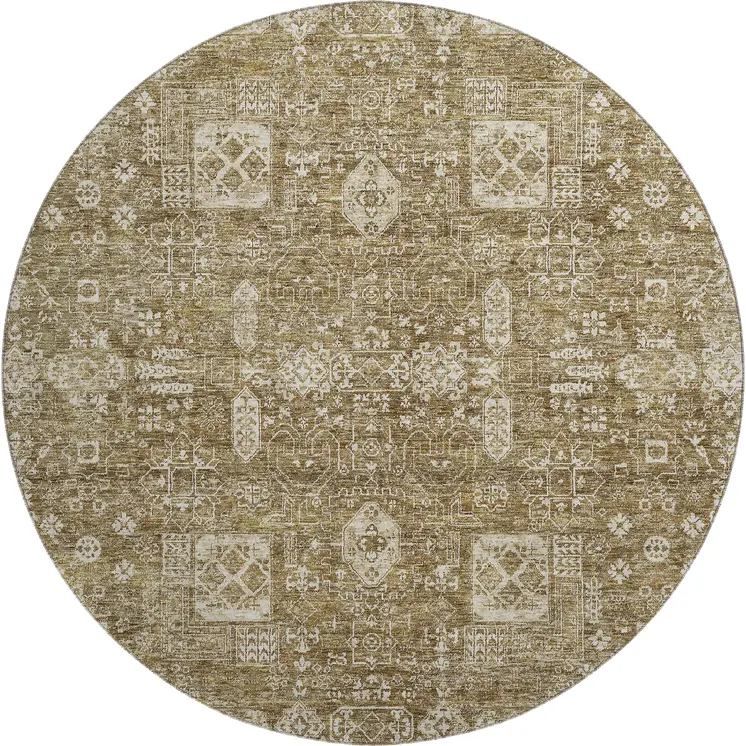 8' Brown And Ivory Floral Washable Round Rug With UV Protection