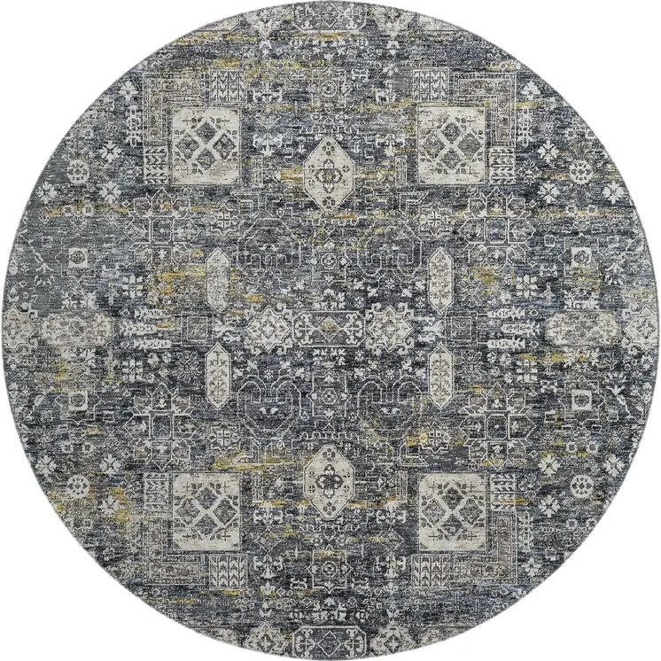8' Charcoal Ivory And Gold Floral Washable Round Rug With UV Protection