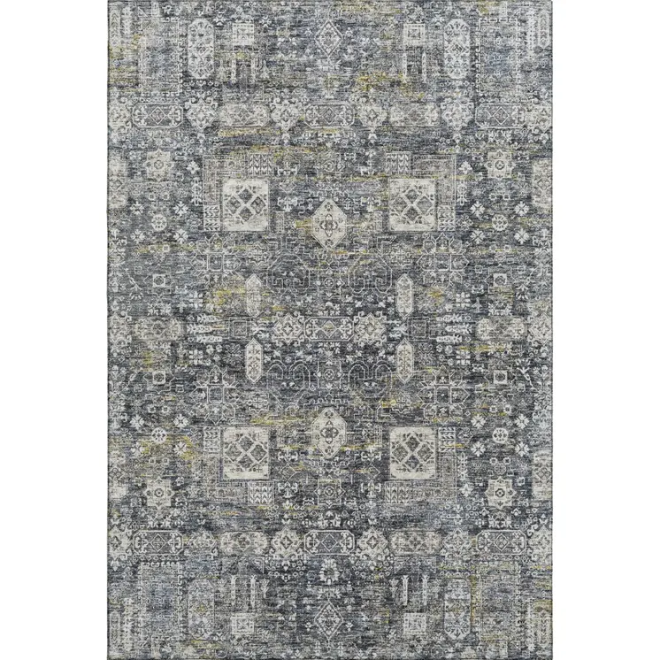 10' X 14' Charcoal Ivory And Gold Floral Washable Area Rug With UV Protection