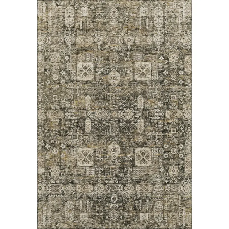 5' X 8' Coffee Ivory And Gold Floral Washable Area Rug With UV Protection