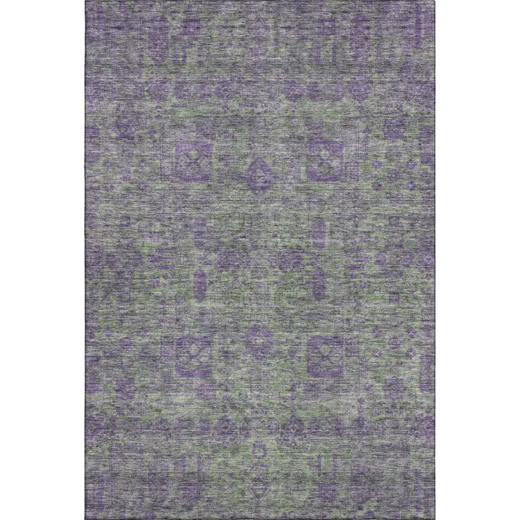 5' X 8' Fern Green And Purple Floral Washable Area Rug With UV Protection