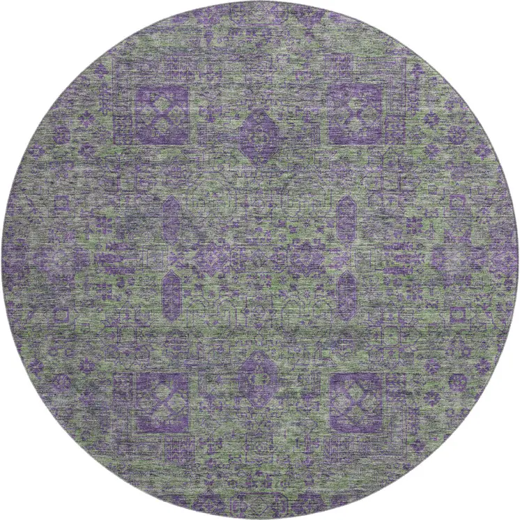 8' Fern Green And Purple Floral Washable Round Rug With UV Protection