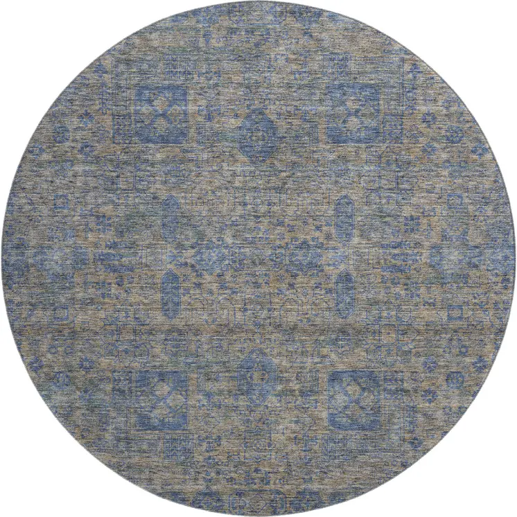 8' Khaki And Blue Floral Washable Round Rug With UV Protection
