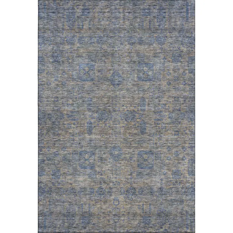 10' X 14' Khaki And Blue Floral Washable Area Rug With UV Protection