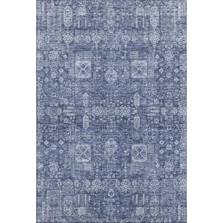 3' X 5' Navy Blue And Ivory Floral Washable Area Rug With UV Protection