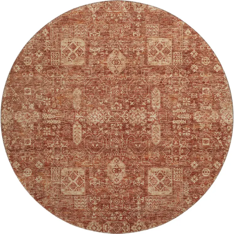 8' Chili Red And Copper Floral Washable Round Rug With UV Protection