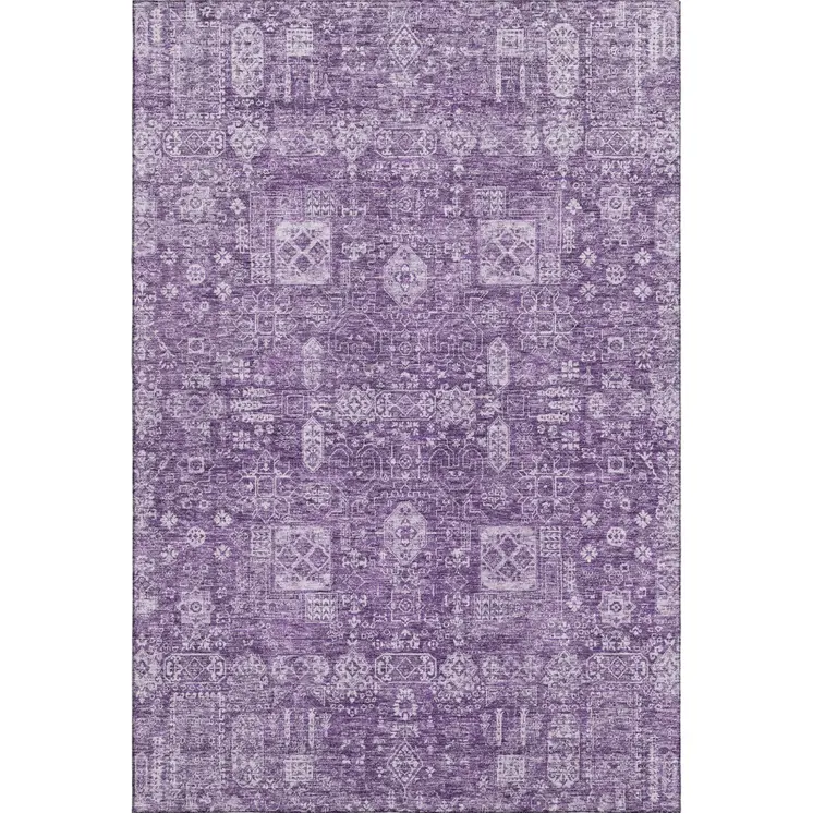 9' X 12' Purple And Ivory Floral Washable Area Rug With UV Protection