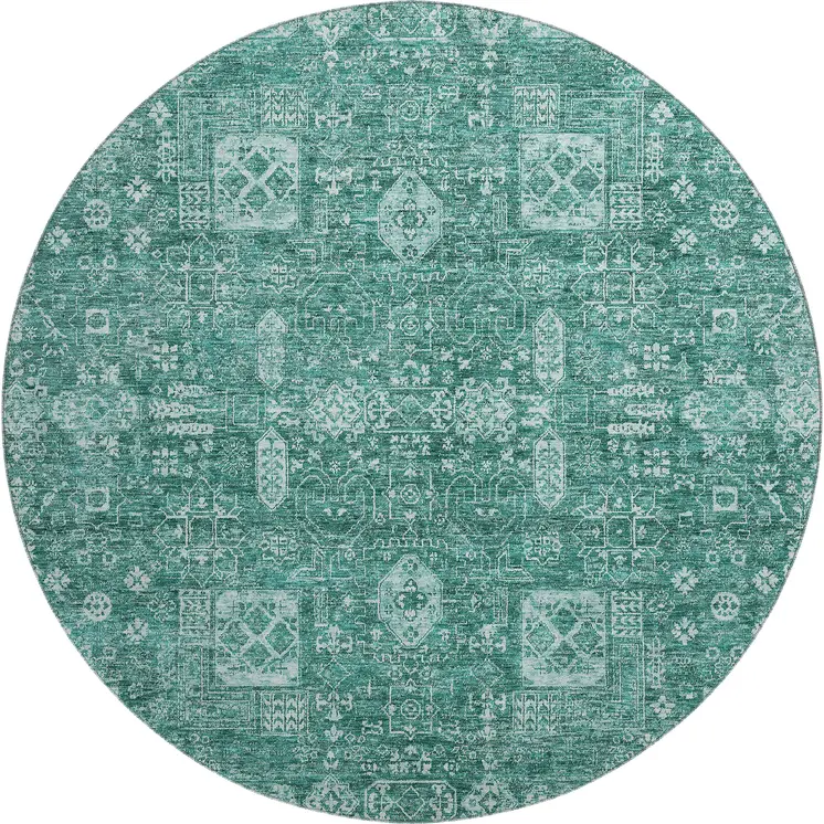 8' Teal And Aqua Floral Washable Round Rug With UV Protection