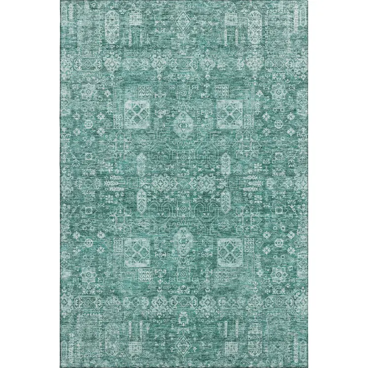 10' X 14' Teal And Aqua Floral Washable Area Rug With UV Protection
