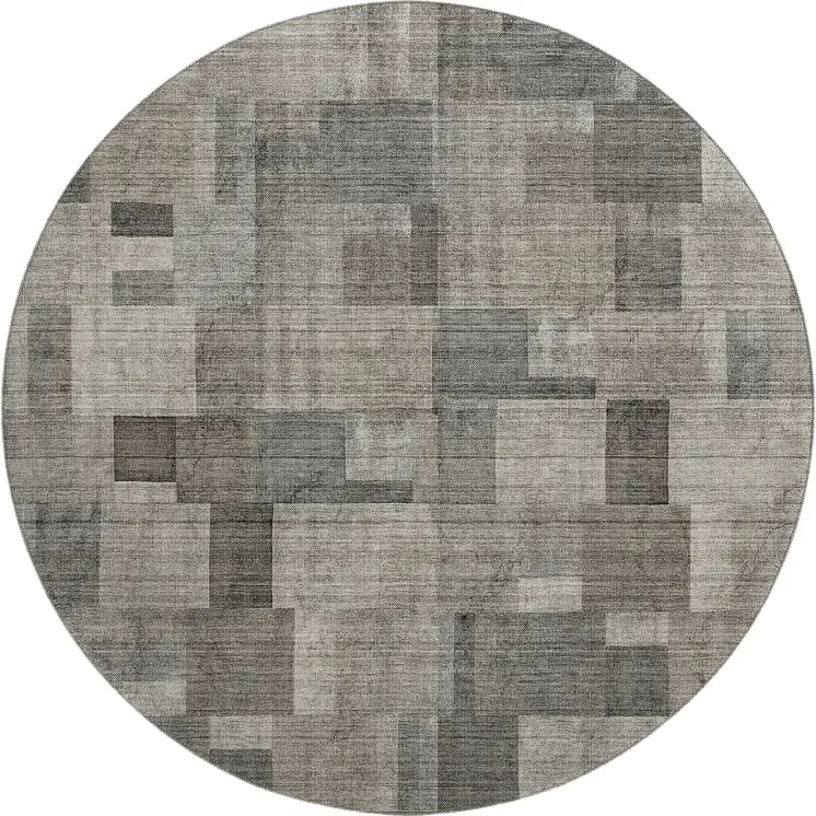 8' Taupe Charcoal And Beige Geometric Washable Round Rug With UV Protection