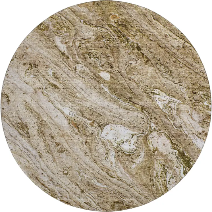 8' Brown And Ivory Abstract Washable Round Rug With UV Protection