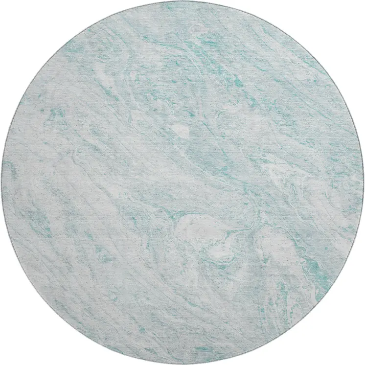 8' Teal And Ivory Abstract Washable Round Rug With UV Protection
