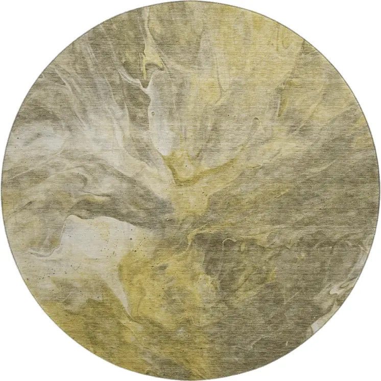 8' Taupe Ivory And Gold Abstract Washable Round Rug With UV Protection