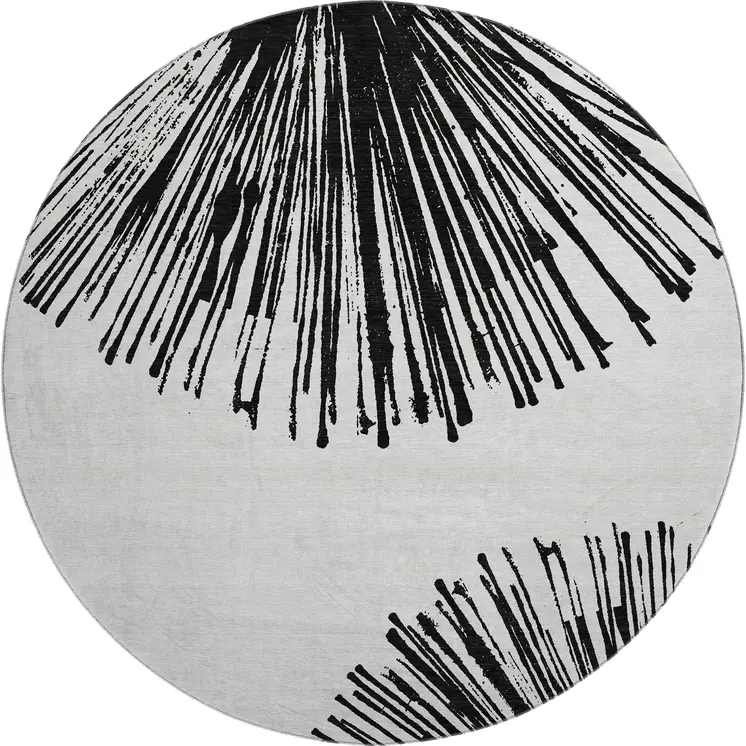 8' Black And Ivory Abstract Washable Round Rug With UV Protection