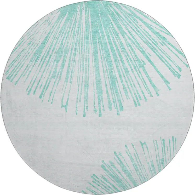 8' Teal And Ivory Abstract Washable Round Rug With UV Protection