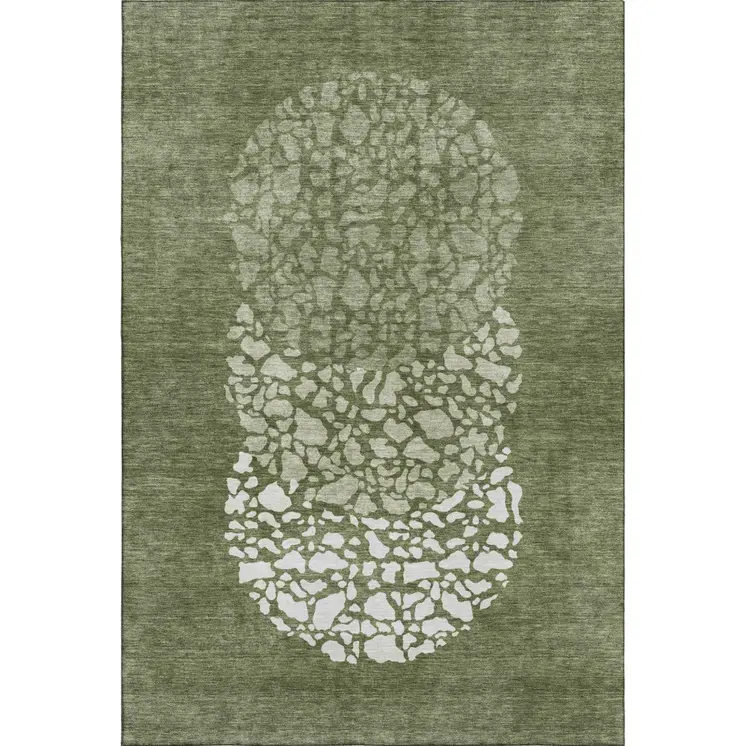 5' X 8' Olive Green And Ivory Abstract Washable Area Rug With UV Protection