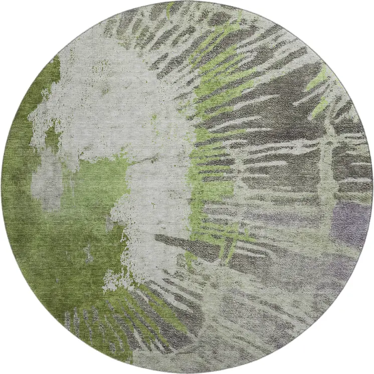 8' Olive Green Ivory And Gray Abstract Washable Round Rug With UV Protection