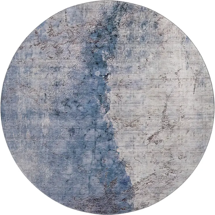 8' Blue Ivory And Gray Abstract Washable Round Rug With UV Protection