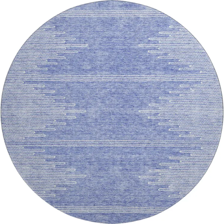 8' Denim Blue And Ivory Abstract Washable Round Rug With UV Protection