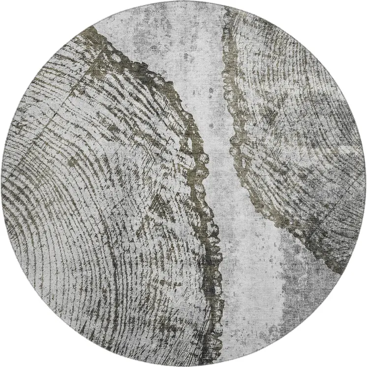 8' Gray And Ivory Woodland Lodge Washable Round Rug With UV Protection