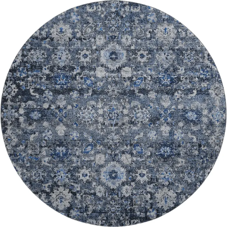8' Blue And Ivory Oriental Washable Round Rug With UV Protection